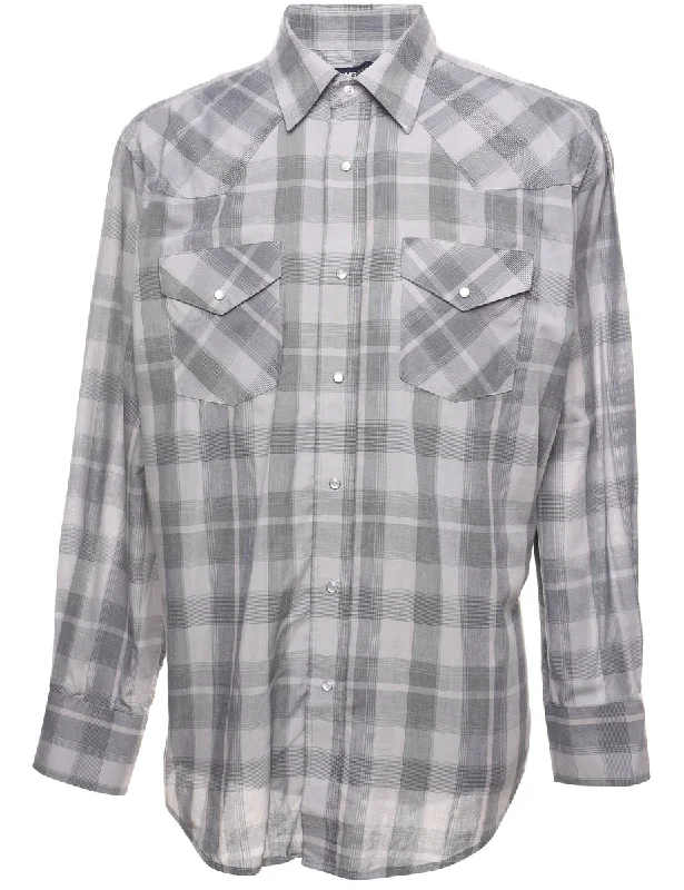 Grey Checked Western Shirt - L Hooded Caped Shawl Collar