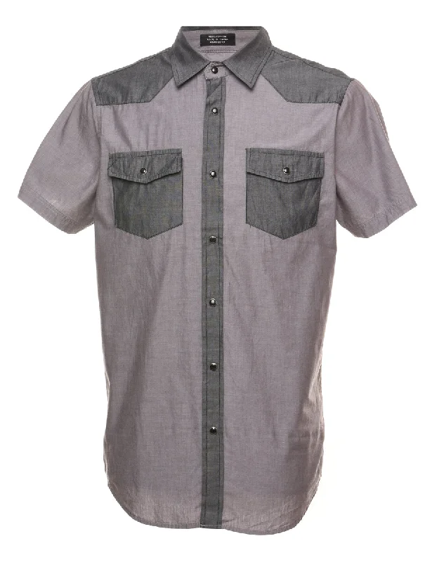Grey Short Sleeve Western Shirt - M Cotton Fabric Linen Fabric Terry Fabric