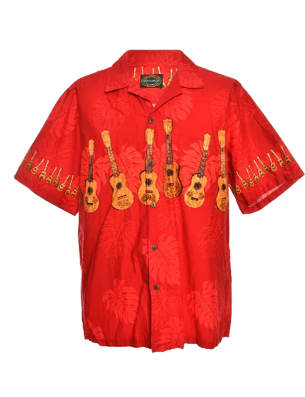 Guitar Print Red Hawaiian Shirt - XL Satin Blend Silk Blend Wool Blend