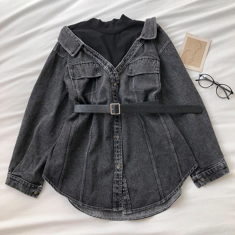 Hong Kong style fashion stitched stand collar medium and long denim shirt 6248 Front Pockets Side Pockets Patch Pockets Hong Kong style fashion stitched stand collar medium and long denim shirt 6248 Front Pockets Side Pockets Patch Pockets