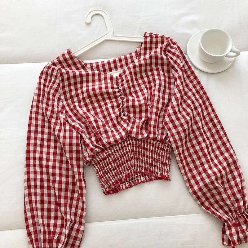Korean girls' sweet little Plaid Shirt  6249 Collared Crew Neck Turtle Neck