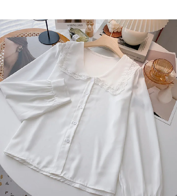 Lace doll neck design shirt soft sweet long sleeve top  6367 Chenille Brocade Lace