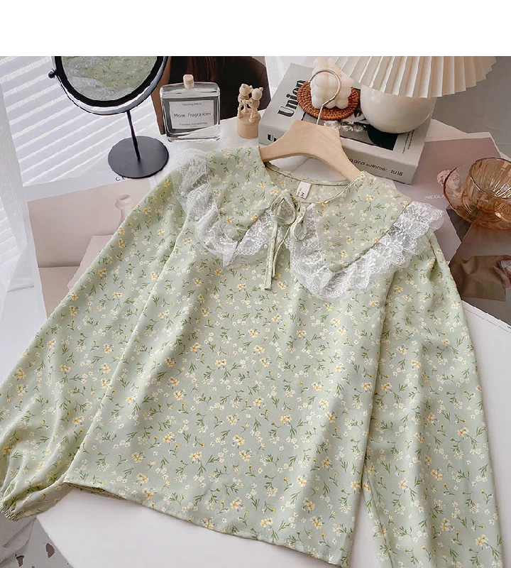 Lace lace up baby collar Floral Shirt  6371 Zippered Buttoned Snapped