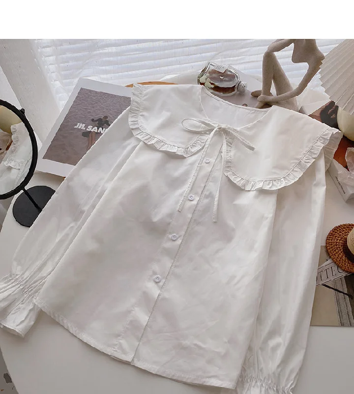 Lace up baby collar design shirt foreign style long sleeve top 6357 Welt Pockets Slit Pockets Flap Pockets Lace up baby collar design shirt foreign style long sleeve top 6357 Welt Pockets Slit Pockets Flap Pockets
