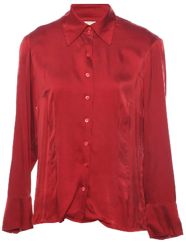 Long Sleeved Maroon Silk Shirt - L Welt Pockets Slit Pockets Flap Pockets