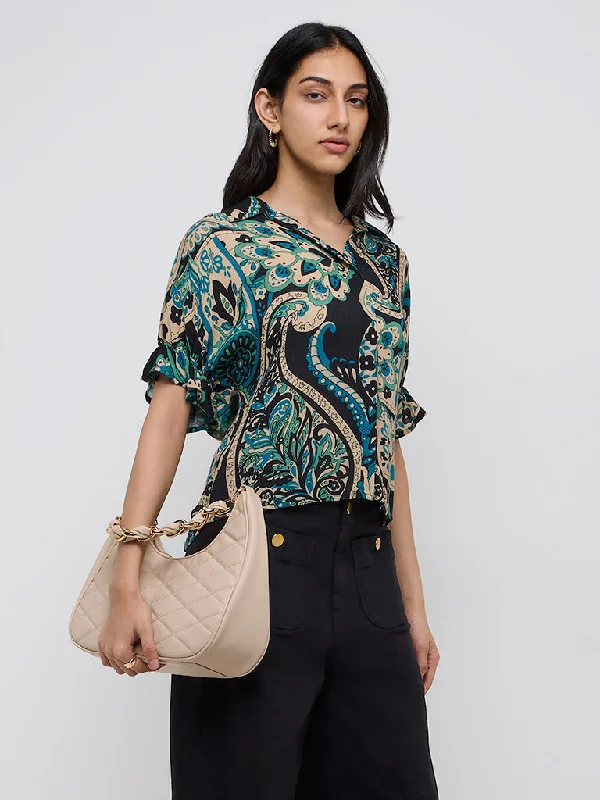LOV Teal Paisley Printed Shirt Graphic T-Shirt Round Neck Polyester
