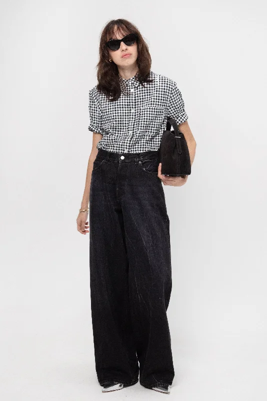 Seersucker Checked Shirt, Black Ribbed Striped Patterned