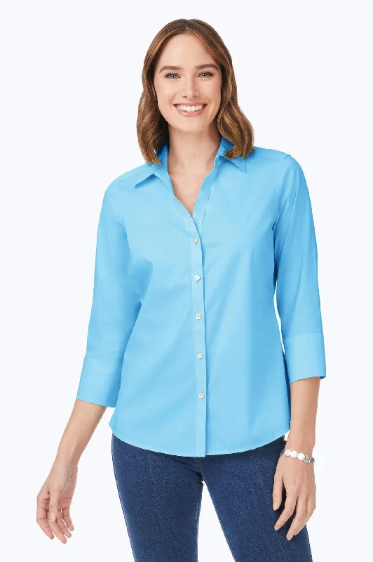 Mary Stretch No Iron 3/4 Sleeve Shirt, Baltic Blue Polka Dot Checkered Tartan