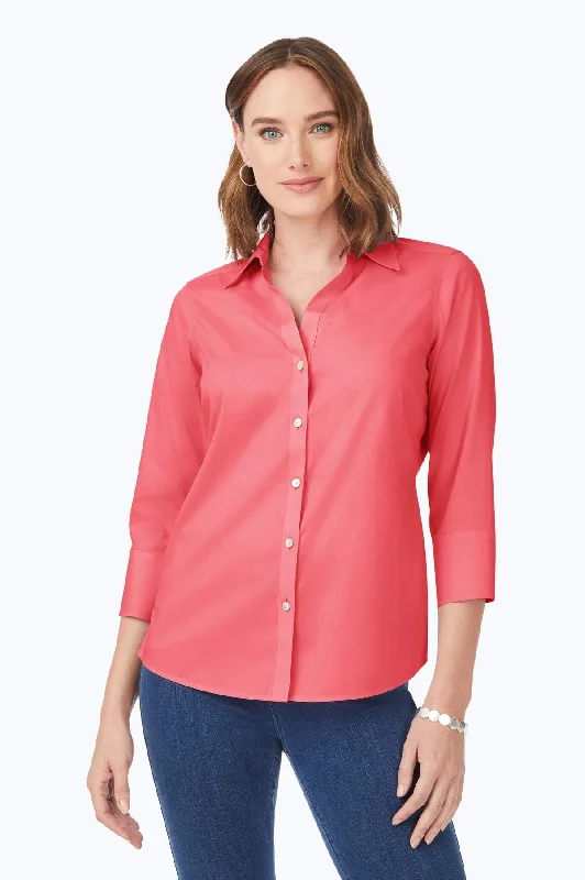 Mary Stretch No Iron 3/4 Sleeve Shirt, Coral Sunset Houndstooth Herringbone Solid