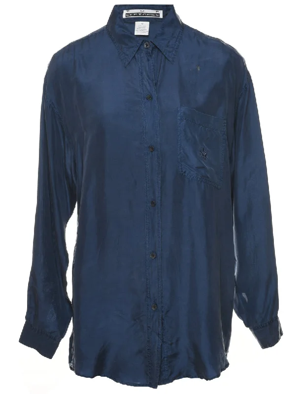 Navy Plain Silk Shirt - M Hooded Caped Shawl Collar