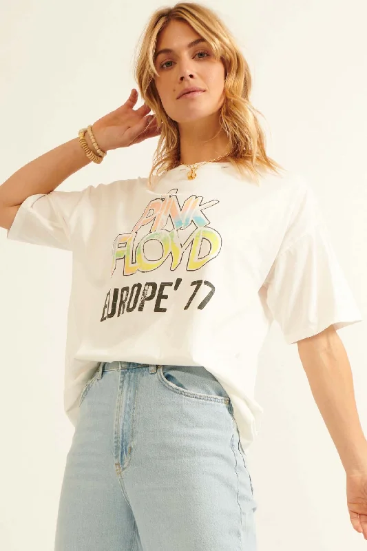 Pink Floyd Europe '77 Distressed Graphic Tee Collared Crew Neck Turtle Neck
