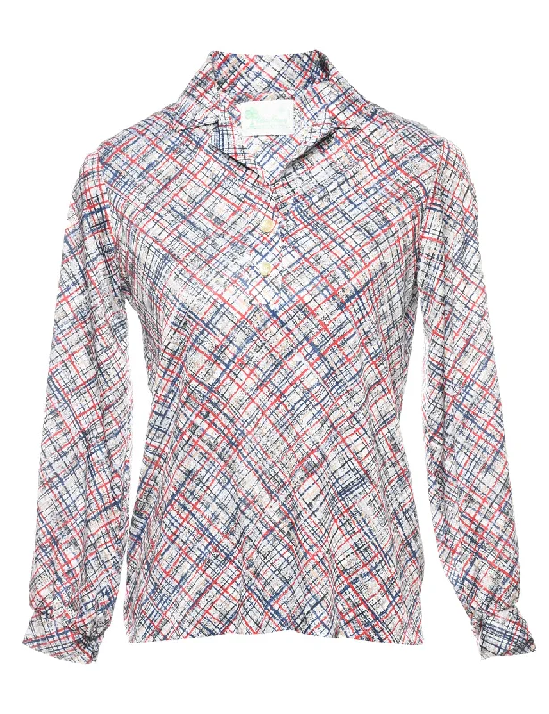Red, Navy & White 1970s Checked Shirt - S Houndstooth Herringbone Solid