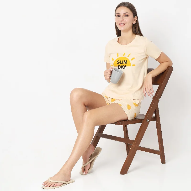 Regular Fit Printed T-shirt with Shorts Sleepwear Set Mesh Canvas Denim