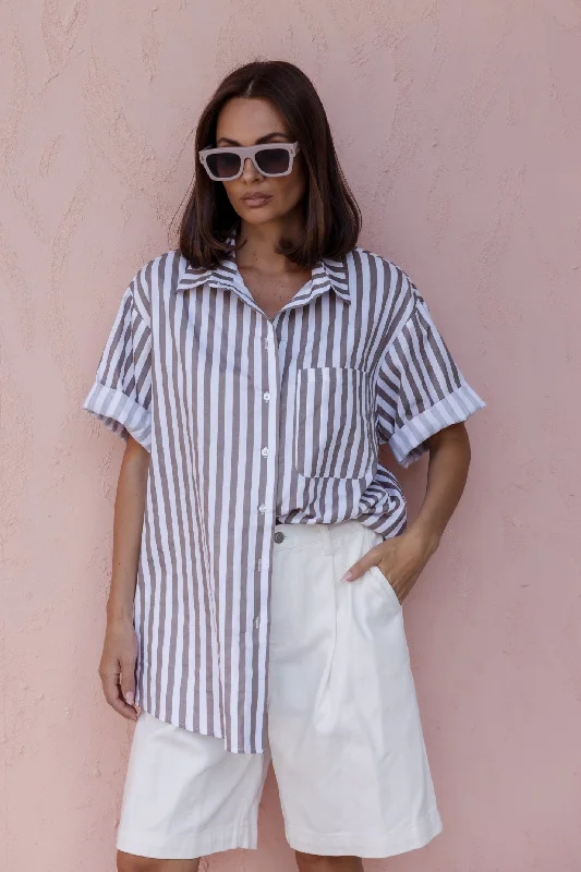 ROGUE Shirt Taupe Stripe Graphic T-Shirt Round Neck Polyester