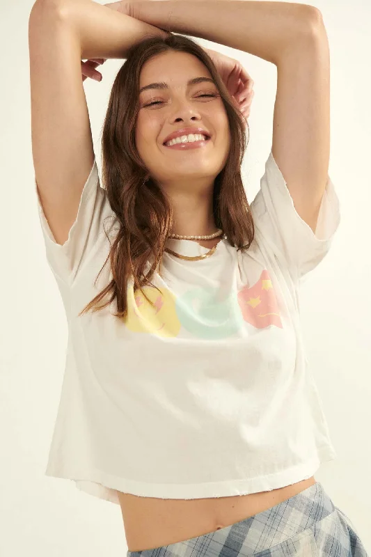 Smiley Trio Cropped Vintage Graphic Tee Spandex Blend Rayon Blend Denim Blend