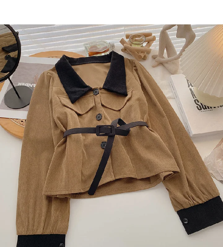 Vintage color matching Lapel long sleeve slim shirt with belt  6364 Beaded Sequined Faux Fur
