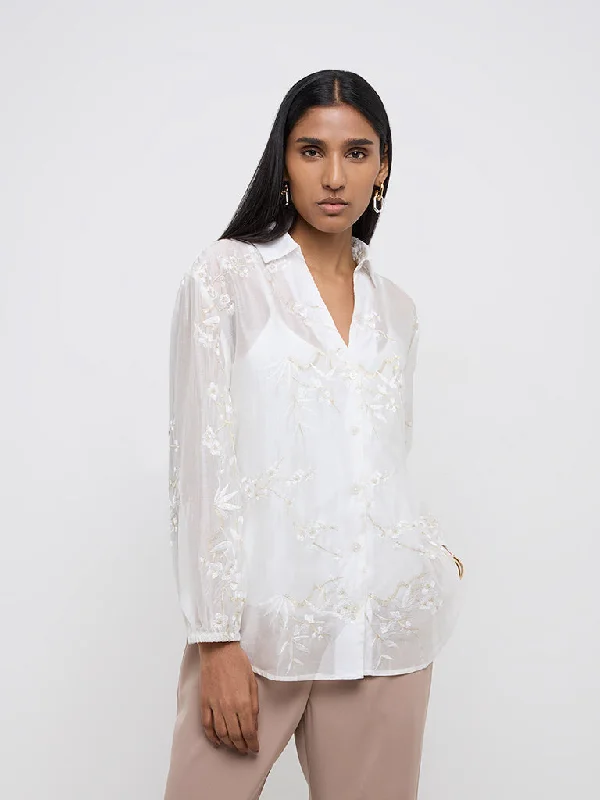 Wardrobe Ivory Floral Embroidered Shirt with Camisole Thin T-Shirt Open Front Quick Dry