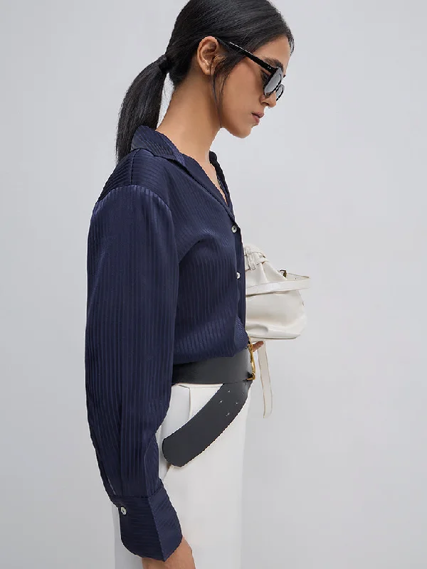 Wardrobe Navy Self-Striped Shirt Asymmetrical Pockets Print
