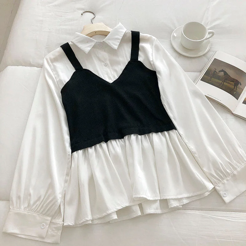 Women's black suspender stitched with white fake two-piece shirt 6247 Denim Fabric Leather Fabric Suede Fabric Women's black suspender stitched with white fake two-piece shirt 6247 Denim Fabric Leather Fabric Suede Fabric