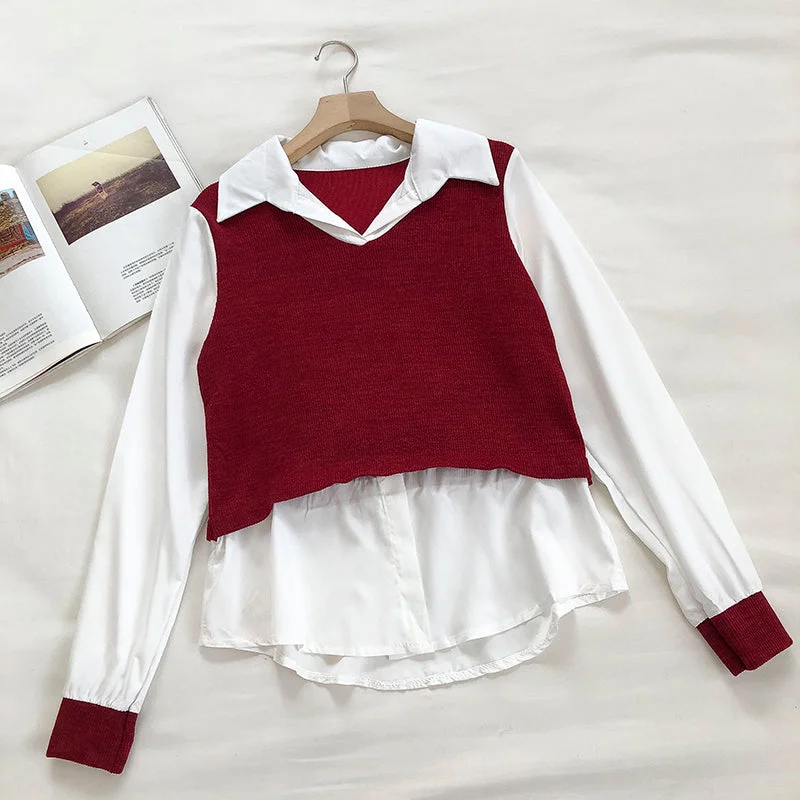 Women's sense of foreign style fake two-piece shirt design  6240 Welt Pockets Slit Pockets