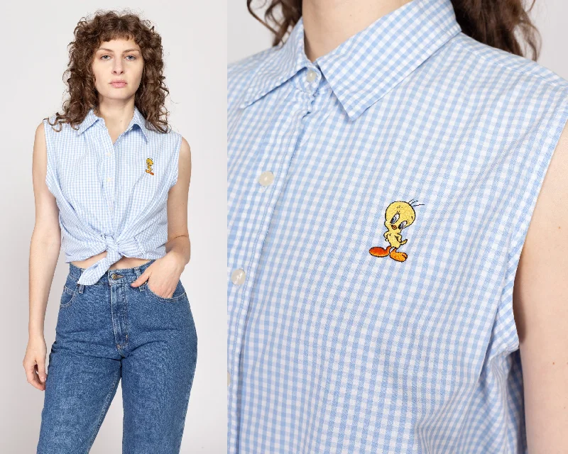 XL Y2K Tweety Bird Blue Gingham Sleeveless Shirt Striped Floral Plaid