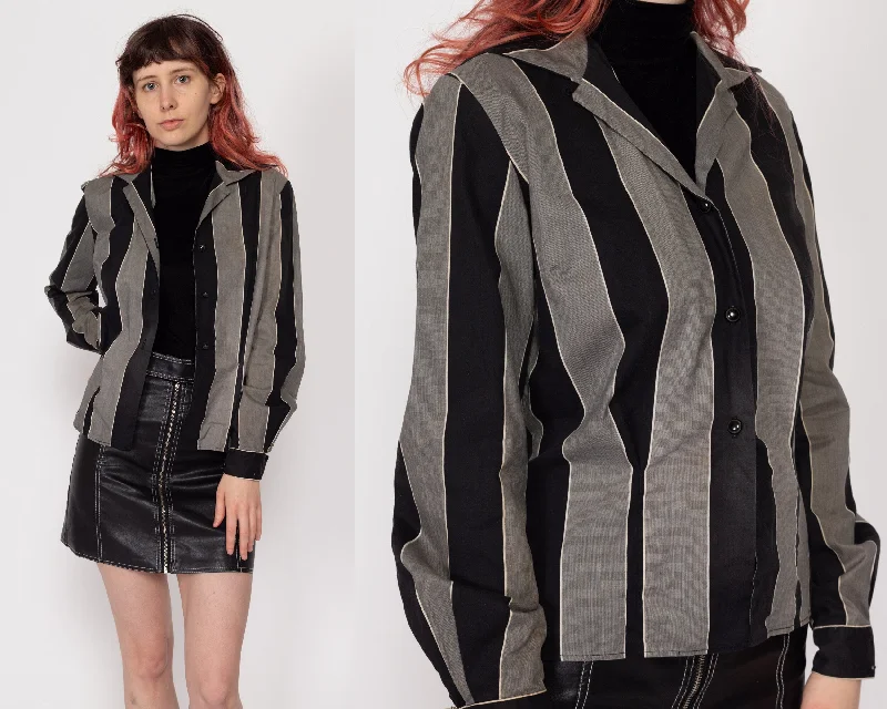 XS 1950s Black & Grey Striped Loop Collar Shirt Hooded Caped Shawl Collar